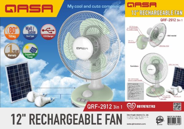 Qasa 12 inches Rechargeable Fan 46,000

Comes with 2 Bulbs and Solar Panel