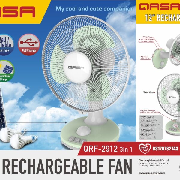 Qasa 12 inches Rechargeable Fan 46,000

Comes with 2 Bulbs and Solar Panel